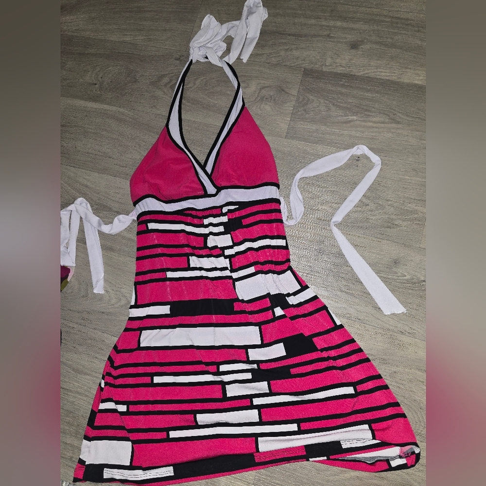 Vanity Fuchsia Halter Dress with Black and White Stripes